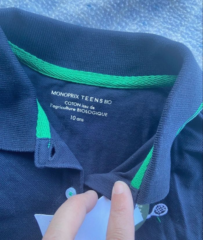 Polo manches courtes bleu marine vert Monoprix teens bio 10 ans neuf - photo numéro 2