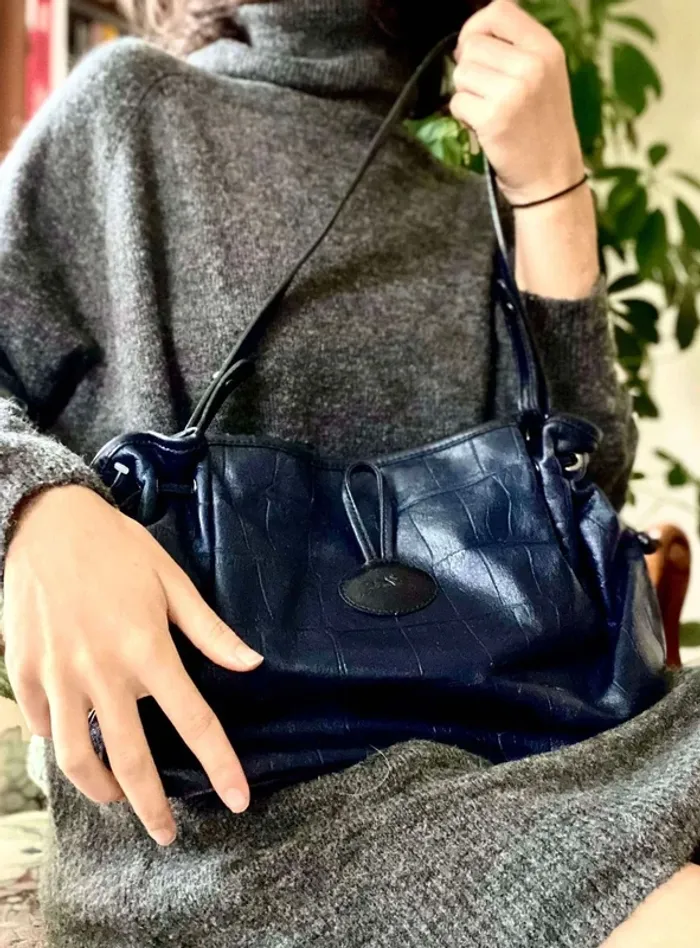 Sac Longchamp Roseau Bleu Foncé Effet Croco Brillant - photo numéro 4