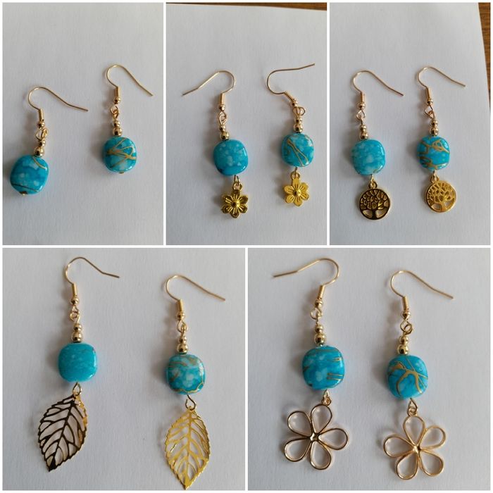 Boucles d'oreilles bleu turquoise et doré - photo numéro 2