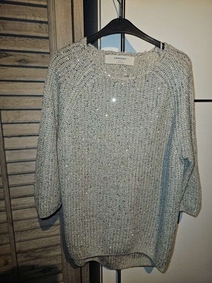 Pull manche 3/4 Zara Knit taille S beige avec quelques strass