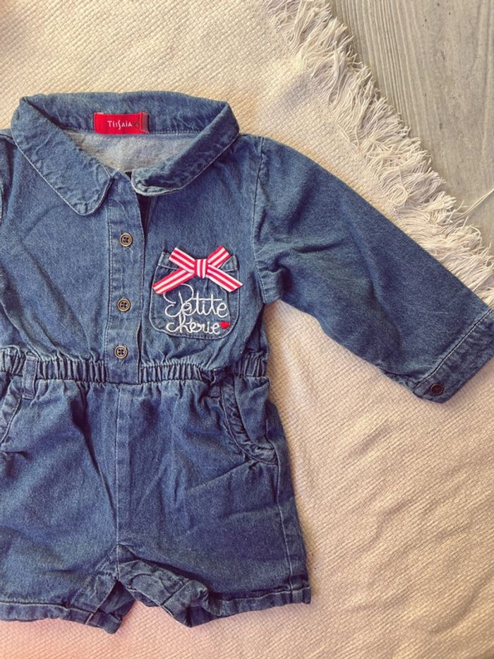 Combinaison short combishort en jean et noeud 6 mois - photo numéro 2
