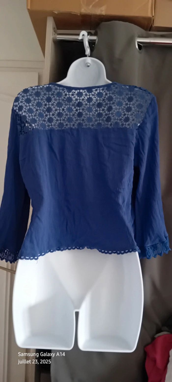 Blouse courte manches pagodes avec dentelle tissus plissé lien à pampilles bleu femme L - photo numéro 11