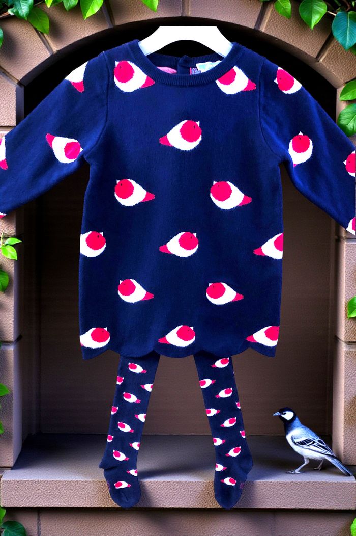 JACADI - NEW - ROBE MAILLE BÉBÉ FILLE MOTIF PETITS OISEAUX AVEC SES COLLANTS 18M - photo numéro 5