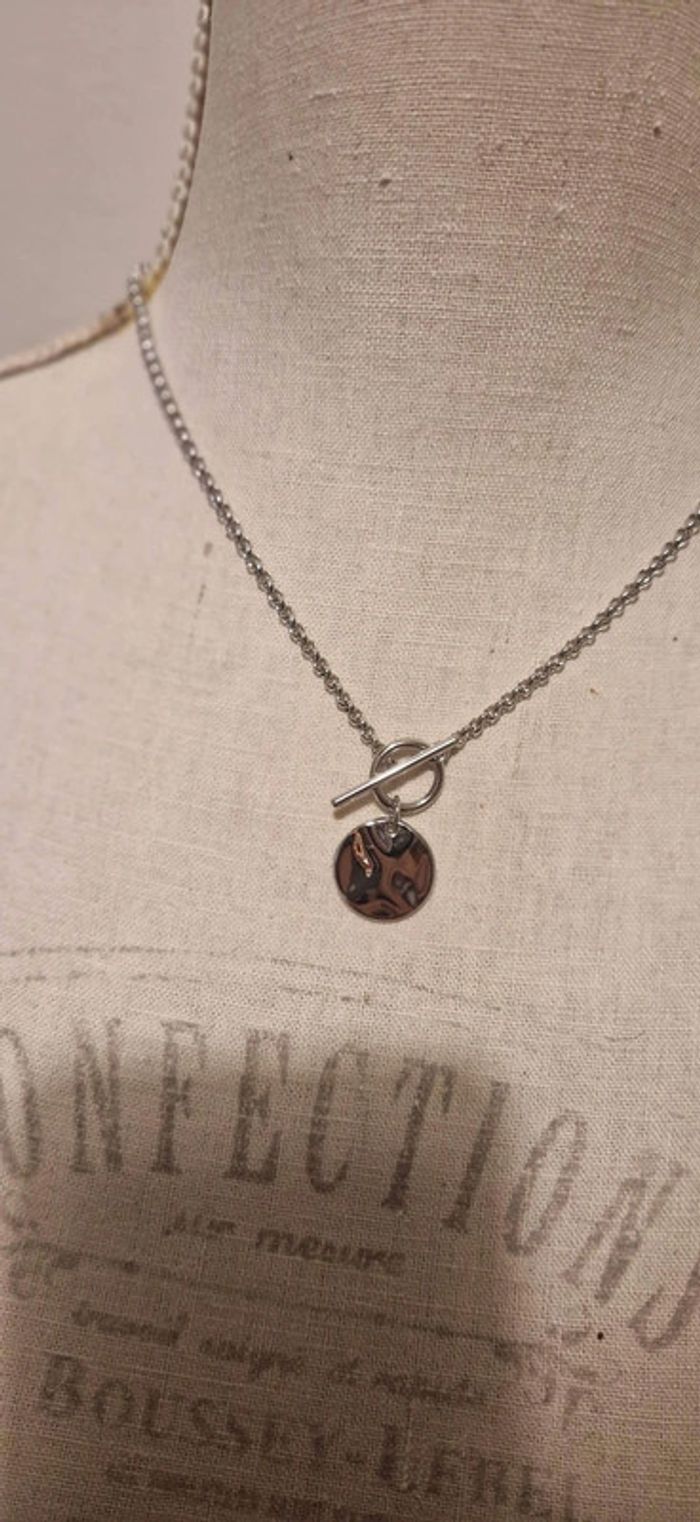 Collier chaîne épaisse cercle tige médaille acier inoxydable argent - photo numéro 3