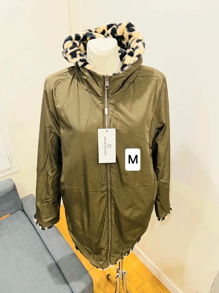 Manteau parka femme imperméable réversible fourré kaki/léopard taille M - photo numéro 2