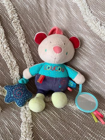 Peluche doudou d’éveil 26cm sucre d’orge ours coucou bleu violet rouge beige parfait état