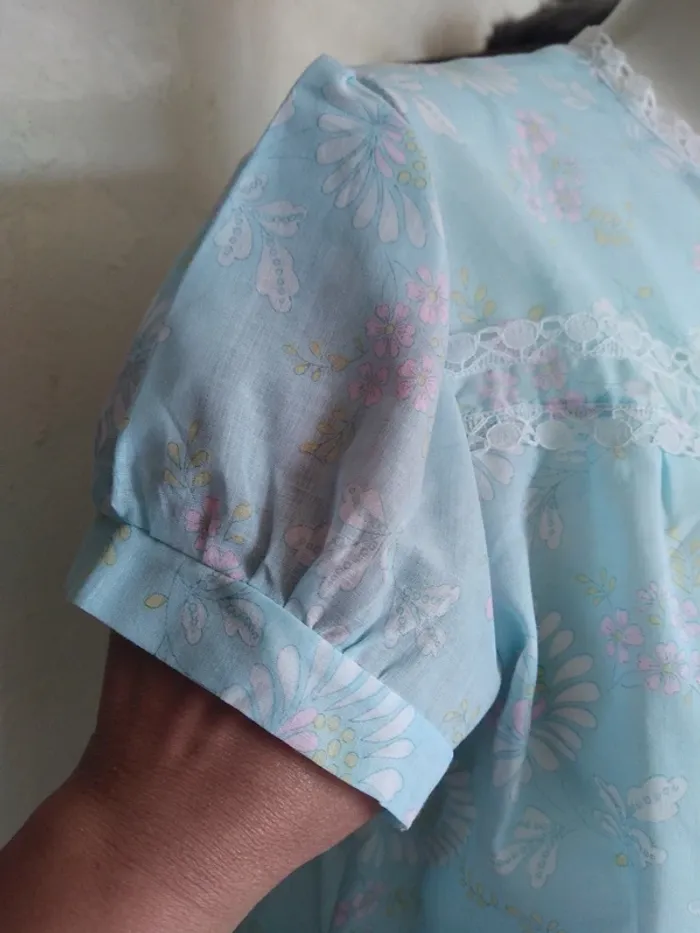 Chemise de nuit vintage pyjama pajama night dress sleeping fleurs flower bleu blue - photo numéro 3