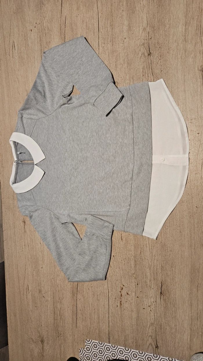 Pull gris clair à manches longues avec chemise blanche en dessous, Only, taille S - photo numéro 3