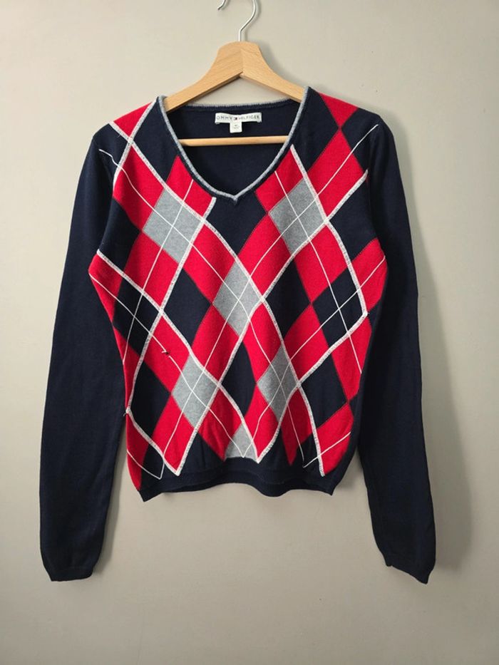Pull Tommy Hilfiger argyle rouge marine gris M col V / style preppy chic