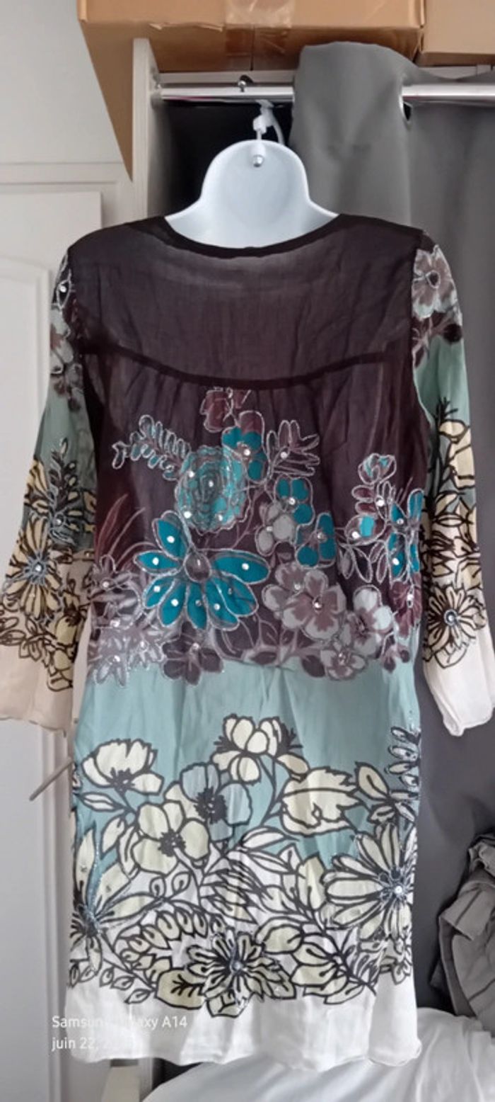 Robe tunique estivale semitransparente motif floral avec sequins multicolore femme XL - photo numéro 2
