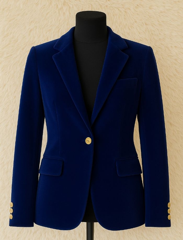 Blazer bleu roi en velours – coupe cintrée, boutons dorés, taille S - photo numéro 3