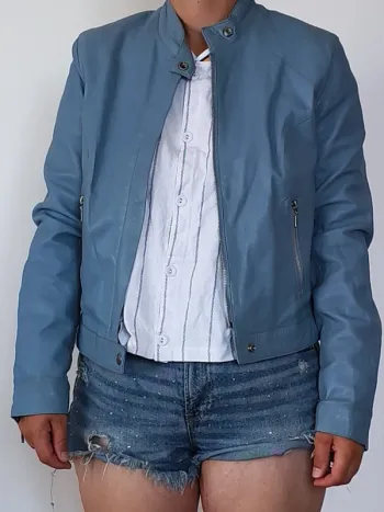 Veste Redskins Femme – Cuir d’Agneau Bleu Clair – Taille L – Style Biker Chic