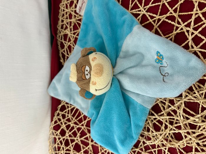 DOUDOU PLAT BENGY SINGE BLEU ECRU ORANGE PAPILLON COURONNE - photo numéro 3