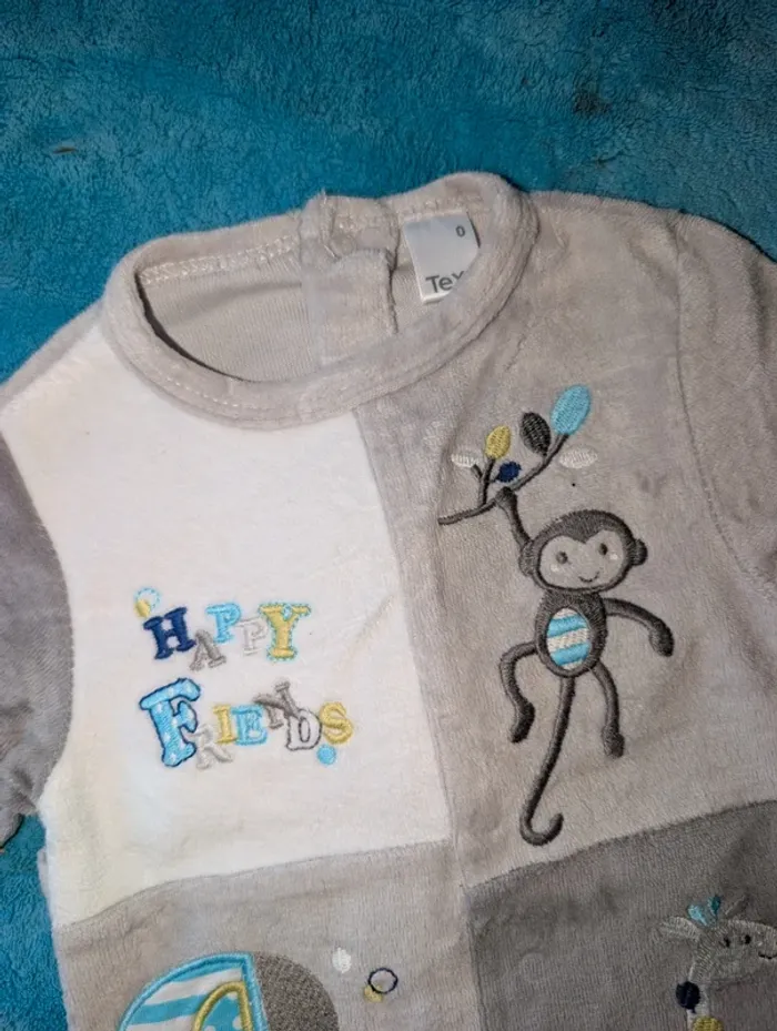 Pyjama mixte velours 0 mois – motif singe & animaux - photo numéro 2