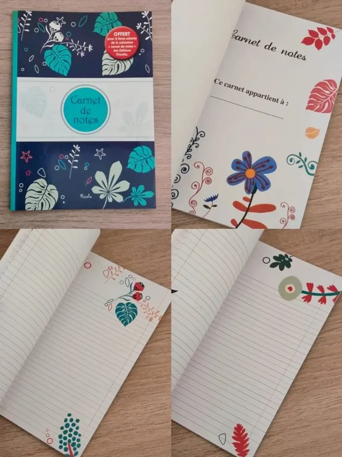Carnet de notes ligné bleu marine vert rouge feuille fleur / Piccolia - 18,5x13,5cm