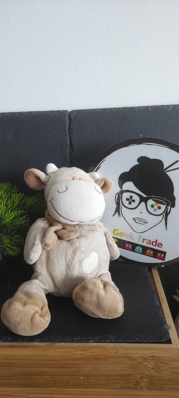 Doudou Vache Bengy Amtoys Peluche Beige Marron Écharpe bengy Tâche Ancien Beige