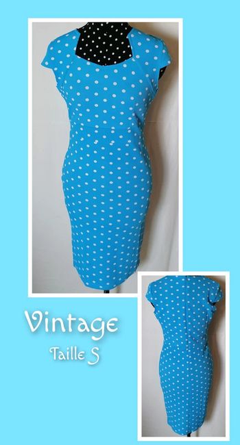 Robe vintage moulante bleu turquoise blanc taille S