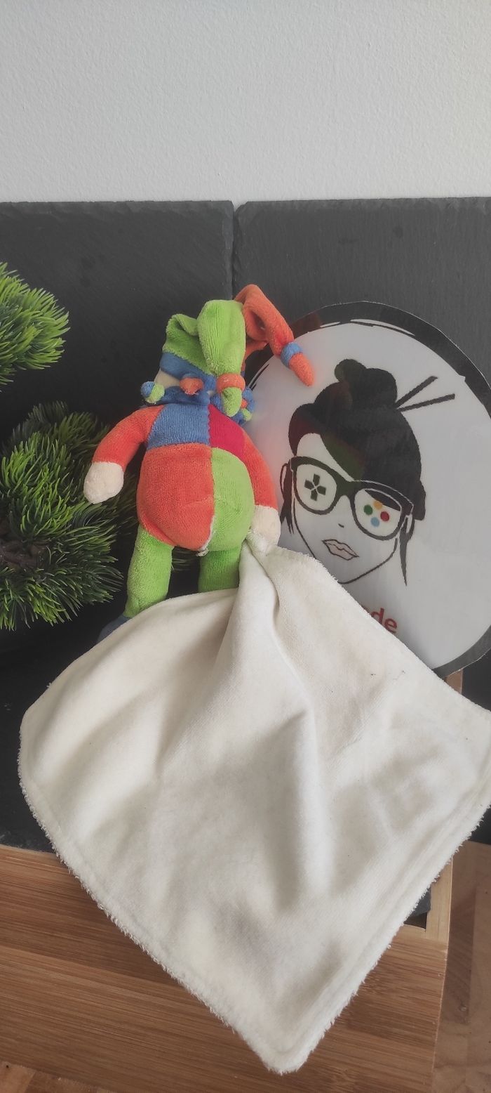 Doudou clown arlequin bleu vert orange mouchoir baby nat ancien rouge bonnet vintage - photo numéro 2