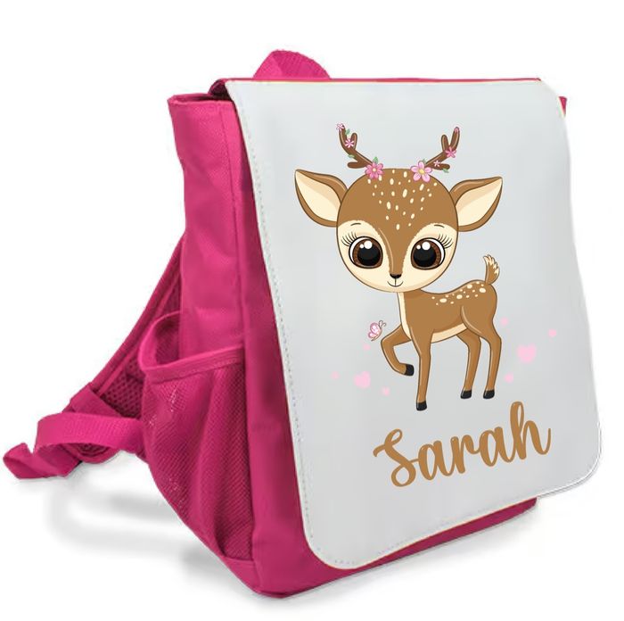Sac à dos rose maternelle personnalisé prénom - Faon fleuri debout - Rabat imprimé amovible - Sac crèche fille