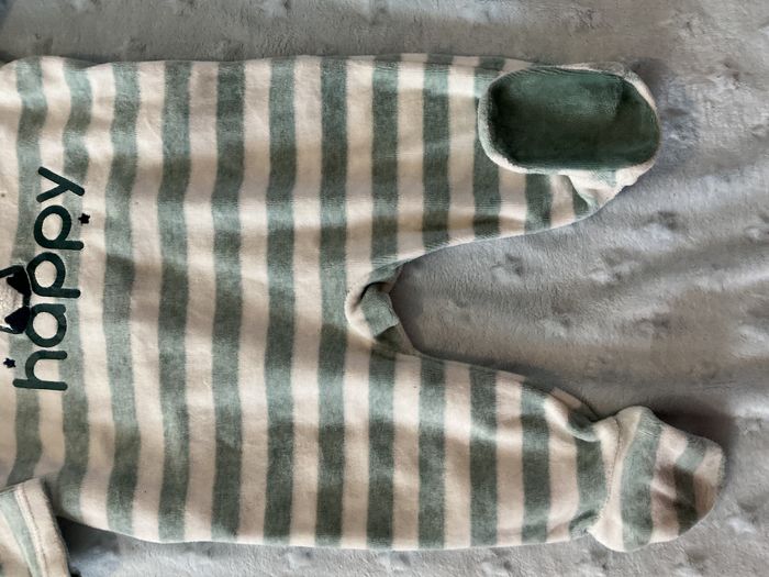 pyjama grenouillère en velours rayé menthe et blanc inscription devant 6 mois obaibi - photo numéro 5
