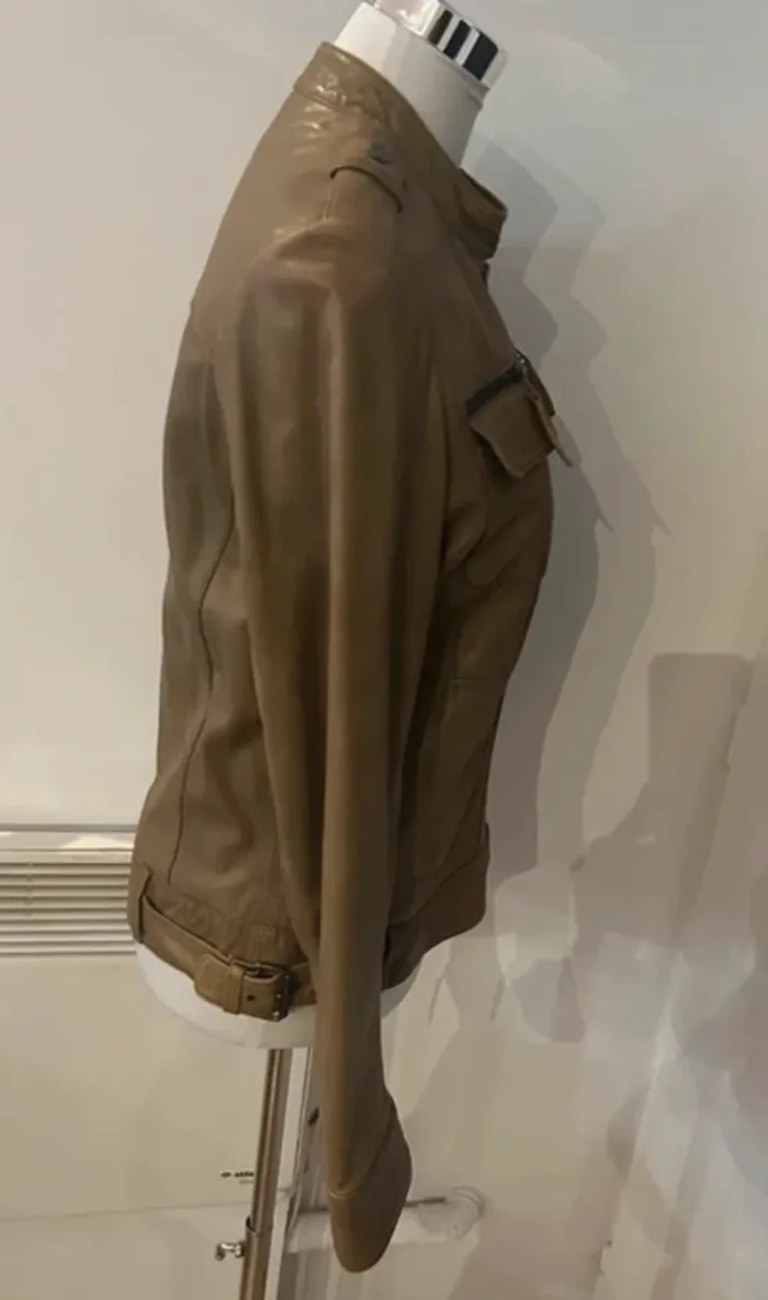 Kookai veste en cuir beige kaki , femme taille 38 - photo numéro 3