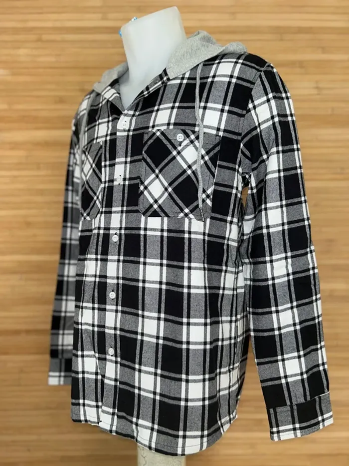 Chemise-veste en flanelle à capuche pour homme noir et blanc taille S - photo numéro 2