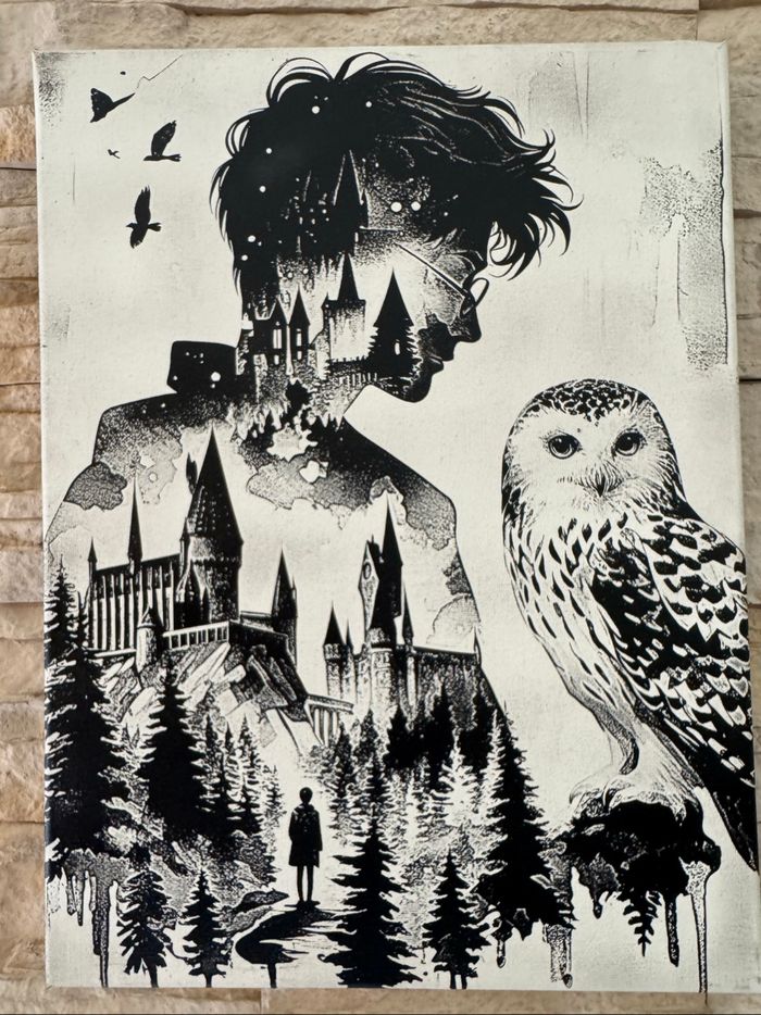 Tableau Harry Potter silhouette Edwige et Poudlard en toile 30x40cm