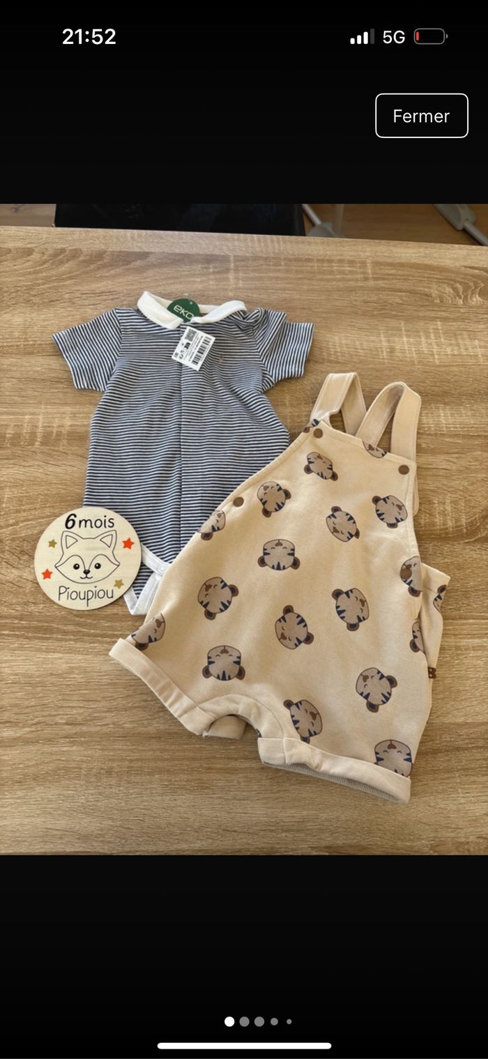 Ensemble Polo body marinière et salopette short petit tigre 6 mois NEUF Obaibi