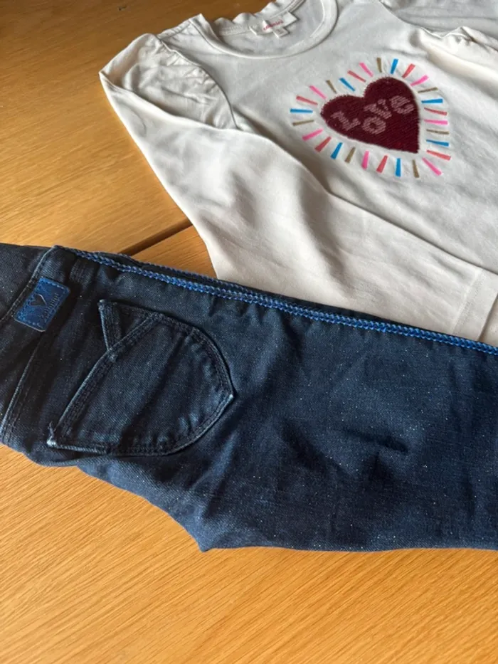 Tenue 2 pièces, tregging jeans pailleté bleu denim et top ML beige cœur sequins - Taille 4 Ans - photo numéro 3