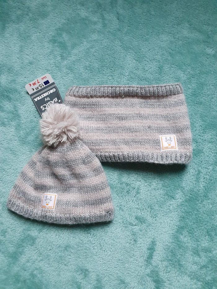 Ensemble bonnet+snood neuf47 cm