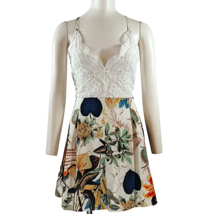 Combishort blanc dentelle et imprimé tropical, fines bretelles croisées, taille XL A1209