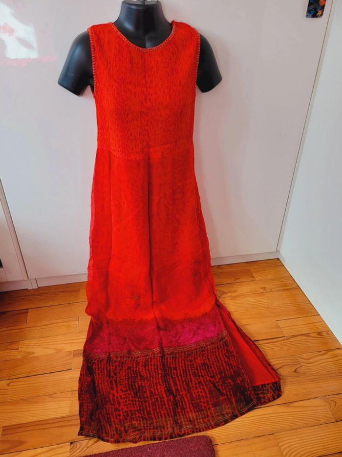 Robe longue rouge vintage René Derhy taille S 36 bordeaux motifs fleurs floraux