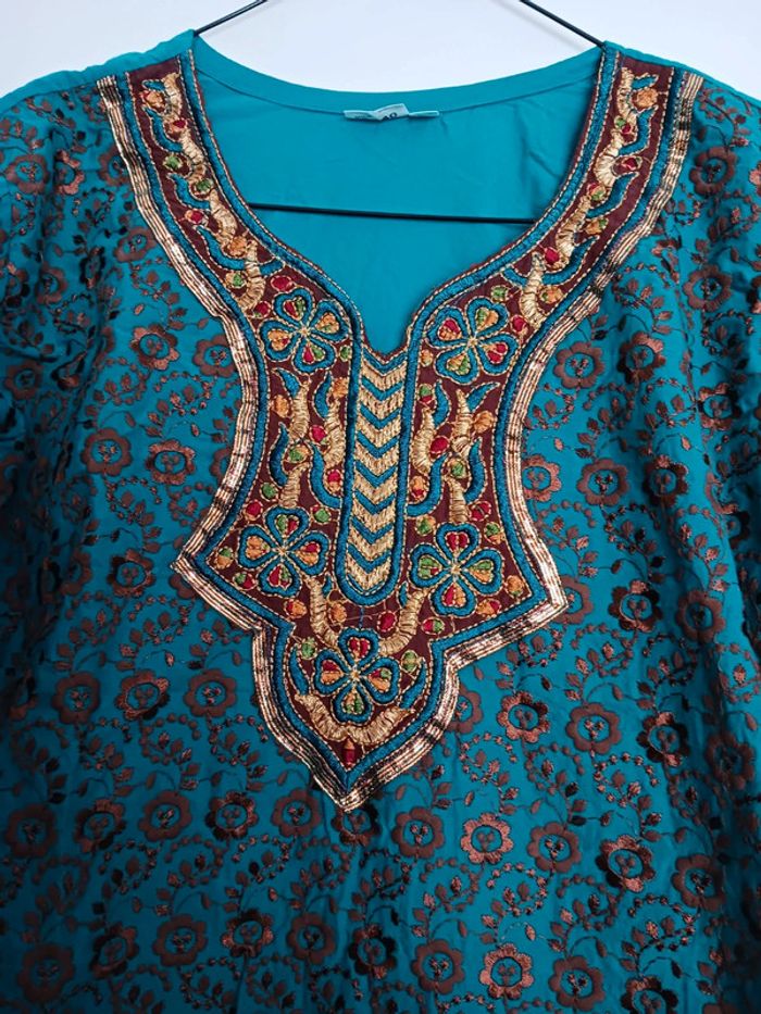 Tunique indienne bleue/marron avec écharpe taille 38 - photo numéro 2