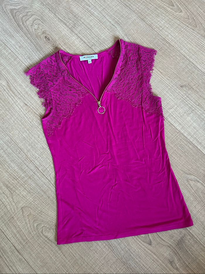Haut rose fuchsia avec dentelle Morgan taille XS TBE - photo numéro 7