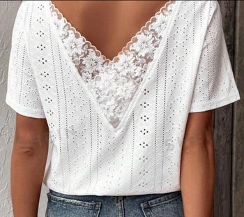 Top blanc brodé avec dentelle – Shein – Taille S (36)