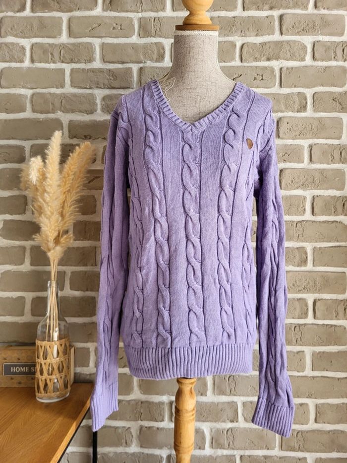 Pull à torsades et col V parme lilas Giorgio Di Mare
