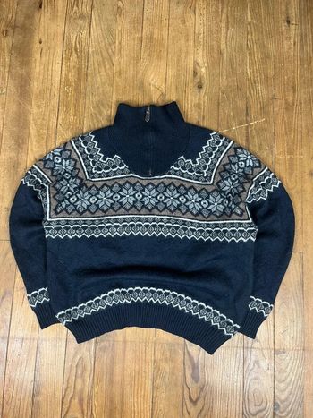 Pull maille vintage laine 1/4 zip motifs rayures marine multicolore XXL