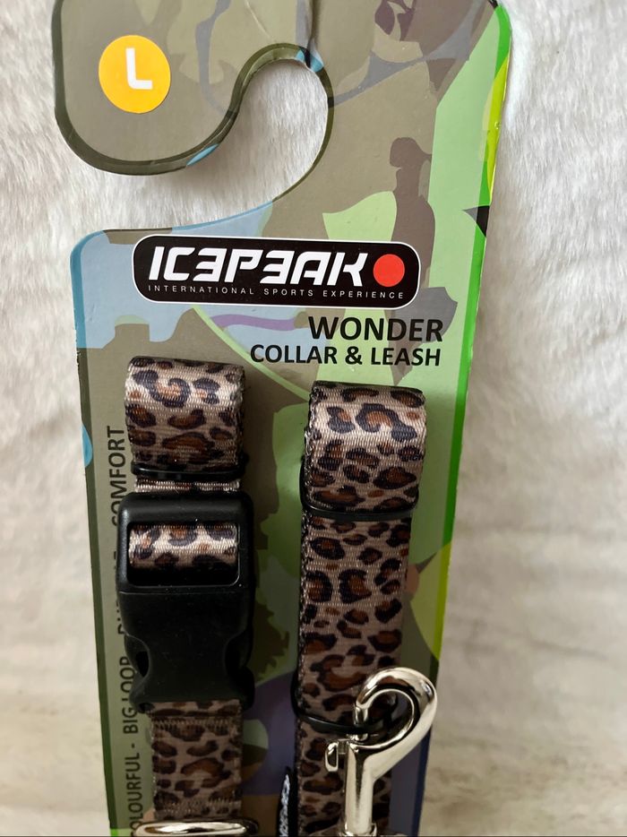 Collier + laisse pour chien imprimé leopard Taille L  Dimensions : Collier : longueur 40 cm a 62 cm, largeur 2,5 cm Laisse : longueur 1m80, largeur 2,5 cm - photo numéro 2