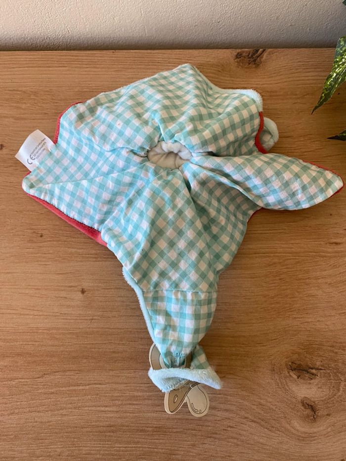 Doudou plat chien bleu rouge bordeau ballon attache sucette tex neuf - photo numéro 3