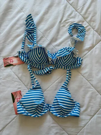 Lot 2 hauts de maillot de bain bikini bleu blanc rayé coque armature taille XS/34 Penti neuf