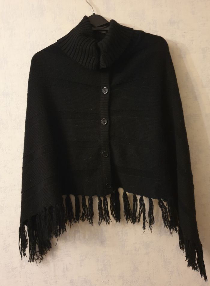 Poncho noir à franges – Zamba – TU
