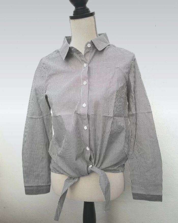 Chemise neuve vintage à carreaux blanc/brun avec noeud 100 % viscose S Voyelles - photo numéro 3