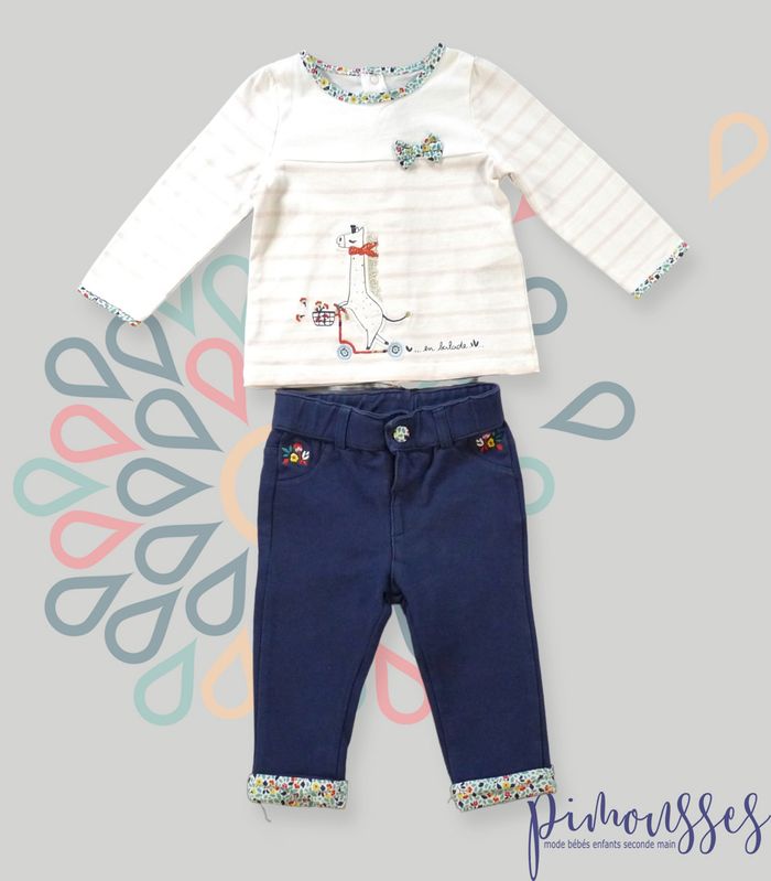 Ensemble pantalon tee-shirt tweed jersey marine blanc rose girafe Sergent Major 9 mois fille