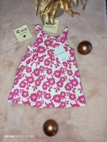 Robe blanche et rose fleur Vertbaudet 12m