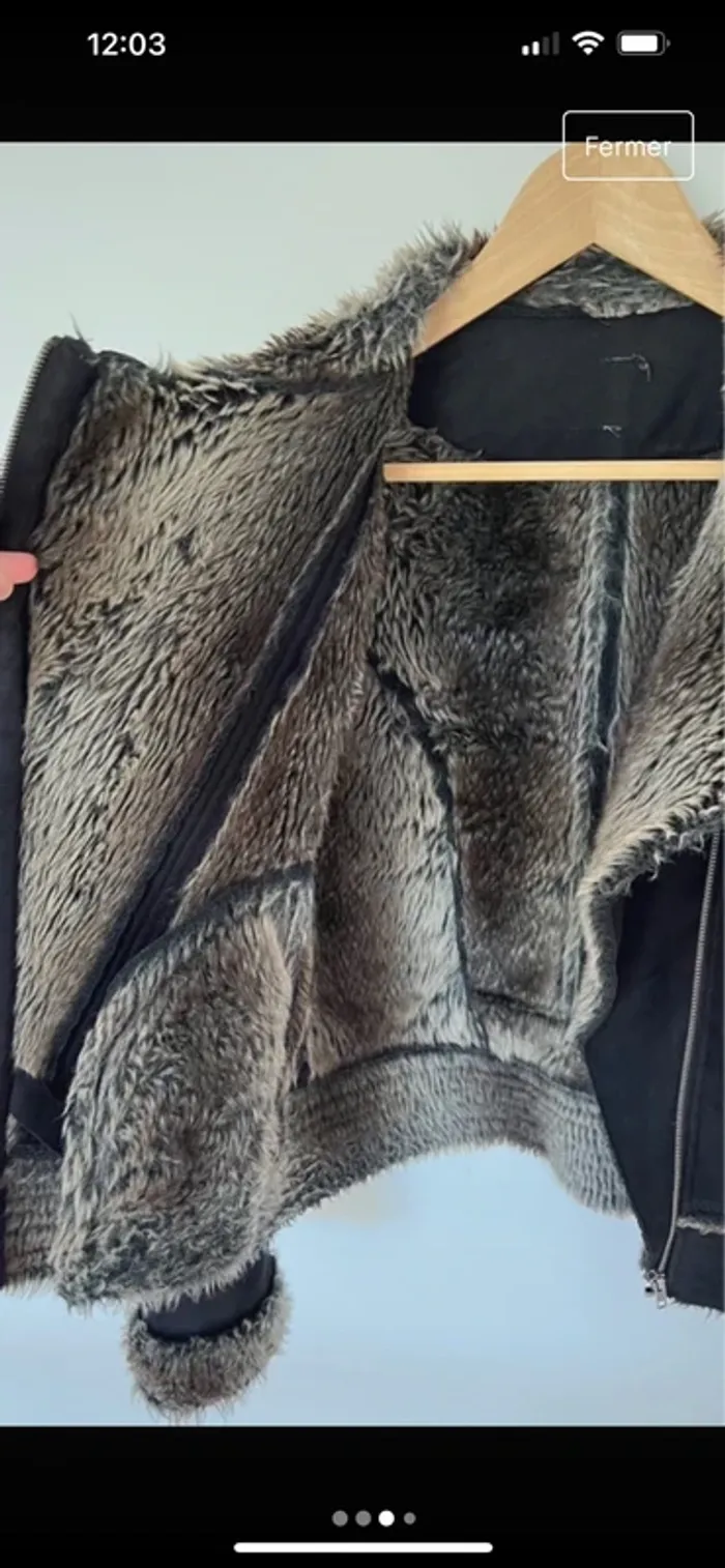 Veste forme Aviateur fourrure en daim noire - photo numéro 3