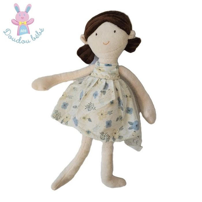 Doudou Poupée chiffon blanc bleu fleurs Solution Eood