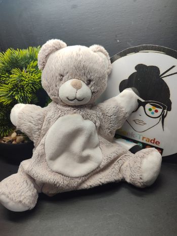 doudou marionnette ours tex baby rond blanc marron gris chiné  DD003796