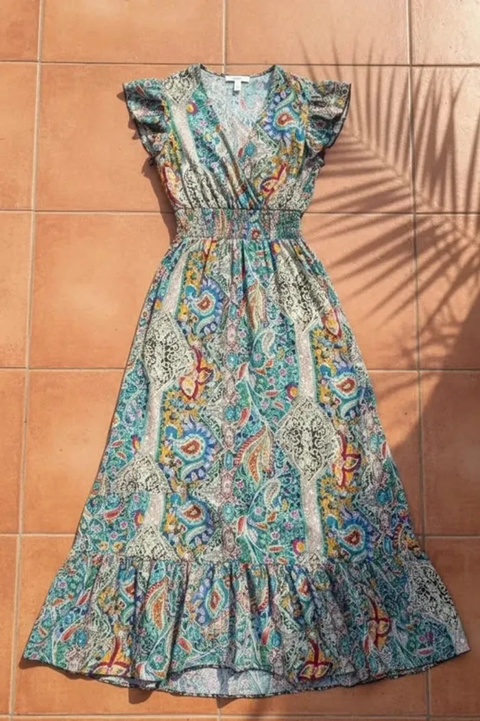 Robe longue bohème imprimée, sans manches, taille S, fluide chic rétro été