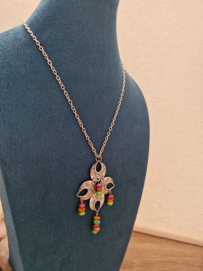 Collier Vintage Ethnique Boheme Argenté Perles Multicolore - photo numéro 6