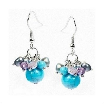 Boucles D'oreilles Pendantes Métal Argenté, Perles D'eau Douce & Turquoises